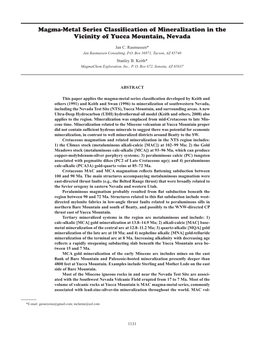 Magma-Metal Series Classification of Mineralization in the Vicinity of Yucca Mountain, Nevada