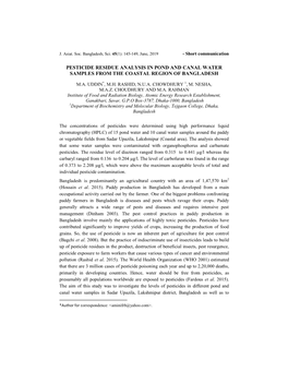 Pesticide Residue Analysis in Pond and Canal Water Samples from the Coastal Region of Bangladesh