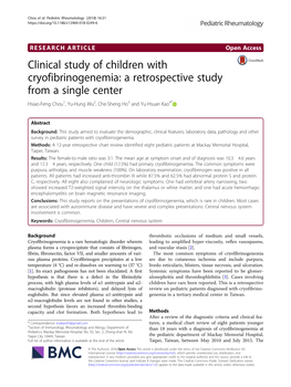 Clinical Study of Children with Cryofibrinogenemia: a Retrospective Study from a Single Center Hsiao-Feng Chou1, Yu-Hung Wu2, Che-Sheng Ho3 and Yu-Hsuan Kao4*