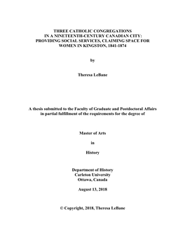 Three Catholic Congregations in a Nineteenth-Century Canadian City: Providing Social Services, Claiming Space for Women in Kingston, 1841-1874