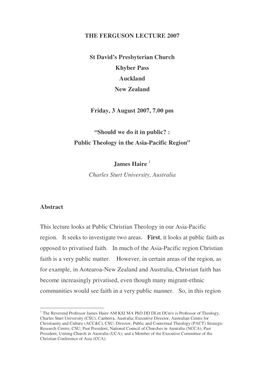 The Ferguson Lecture, Auckland, New Zealand, 3 August 2007–