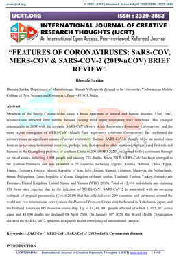 FEATURES of CORONAVIRUSES: SARS-COV, MERS-COV & SARS-COV-2 (2019-Ncov) BRIEF REVIEW”