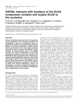 SAP30L Interacts with Members of the Sin3a Corepressor Complex and Targets Sin3a to the Nucleolus K