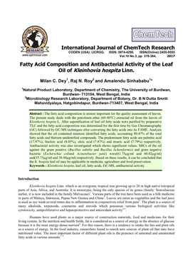 Fatty Acid Composition and Antibacterial Activity of the Leaf Oil of Kleinhovia Hospita Linn