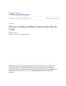 Primary Causality and Ibdaâ•Ÿ (Creare) in the Liber De Causis
