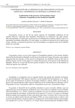 Confirmación De La Presencia De Progomphus Integer (Odonata: Gomphidae) En República Dominicana