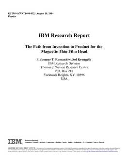 IBM Research Report the Path from Invention to Product for The