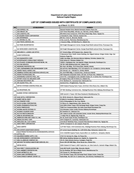 List of Companies Issued with Certificate of Compliance (Coc) Companies Issued with Certificate of Compliance (Coc)