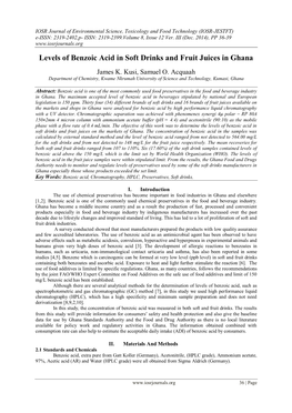 Levels of Benzoic Acid in Soft Drinks and Fruit Juices in Ghana