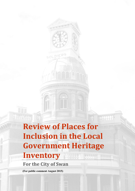 Review of Places for Inclusion in the Local Government Heritage Inventory for the City of Swan
