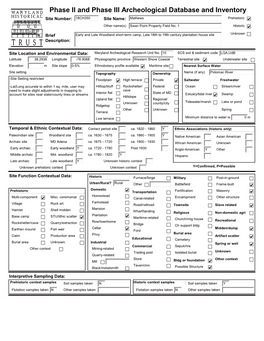 Phase II and Phase III Archeological Database and Inventory Site Number: 18CH350 Site Name: Mathews Prehistoric Other Name(S) Swan Point Property Field No
