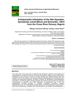 Endoparasitic Infestation of the Nile Squeaker, Synodontis Schall (Bloch and Schneider, 1801) from the Cross River Estuary, Nigeria