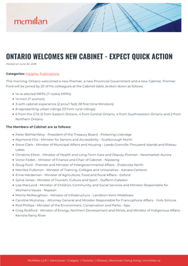 ONTARIO WELCOMES NEW CABINET - EXPECT QUICK ACTION Posted on June 30, 2018