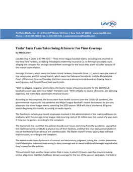 Yanks' Farm Team Takes Swing at Insurer for Virus Coverage by Mike Curley