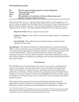 Subcommittee Staff Date: April 30, 2020 Re: Roundtable on Continuity of Senate Operations and Remote Voting in Times of Crisis