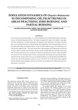 POPULATION DYNAMICS of Oryctes Rhinoceros in DECOMPOSING OIL PALM TRUNKS in AREAS PRACTISING ZERO BURNING and PARTIAL BURNING