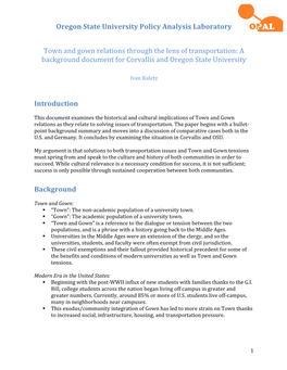 Town and Gown Relations Through the Lens of Transportation: a Background Document for Corvallis and Oregon State University