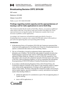 Findings Regarding Market Capacity and the Appropriateness of Issuing a Call for Radio Applications to Serve North Bay