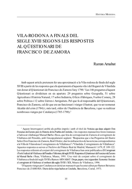 Vila-Rodona a Finals Del Segle Xviii Segons Les Respostes Al Qüestionari De Francisco De Zamora