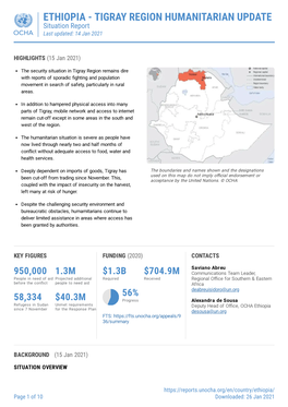 ETHIOPIA - TIGRAY REGION HUMANITARIAN UPDATE Situation Report Last Updated: 14 Jan 2021