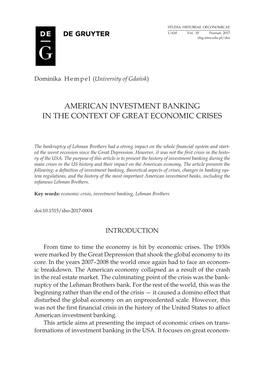American Investment Banking in the Context of Great Economic Crises