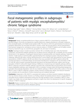 Fecal Metagenomic Profiles in Subgroups of Patients with Myalgic Encephalomyelitis/ Chronic Fatigue Syndrome Dorottya Nagy-Szakal1†, Brent L