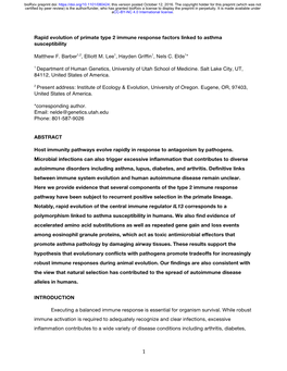 Rapid Evolution of Primate Type 2 Immune Response Factors Linked to Asthma Susceptibility