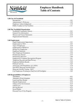 Employee Handbook Table of Contents