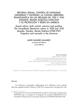 Reforma Sexual, Control De Natalidad, Naturismo Y Pacifismo