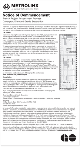 Notice of Commencement Transit Project Assessment Process Davenport Diamond Grade Separation