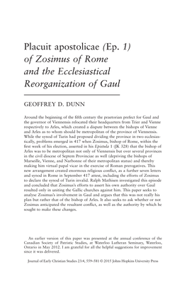Placuit Apostolicae (Ep. 1) of Zosimus of Rome and the Ecclesiastical Reorganization of Gaul