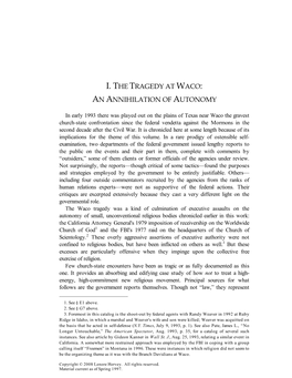 I. the Tragedy at Waco: an Annihilation of Autonomy