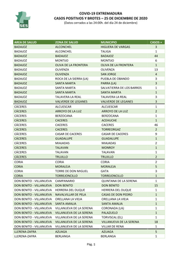 COVID-19 EXTREMADURA CASOS POSITIVOS Y BROTES – 25 DE DICIEMBRE DE 2020 (Datos Cerrados a Las 24:00H