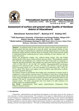 Assessment of Surface and Ground Water Quality of Haridwar District of Uttarakhand