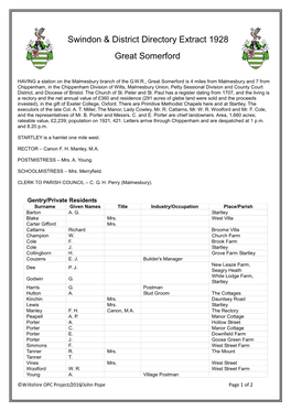 Swindon & District Directory Extract 1928 Great Somerford