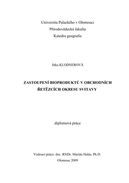 Univerzita Palackého V Olomouci Přírodovědecká Fakulta Katedra Geografie