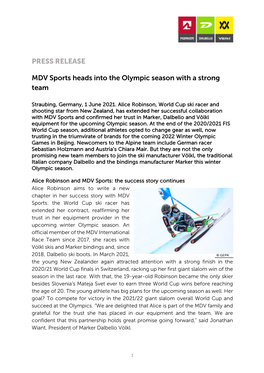 PRESS RELEASE MDV Sports Heads Into the Olympic Season with A