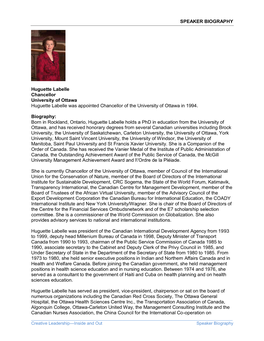 SPEAKER BIOGRAPHY Huguette Labelle Chancellor University of Ottawa Huguette Labelle Was Appointed Chancellor of the University