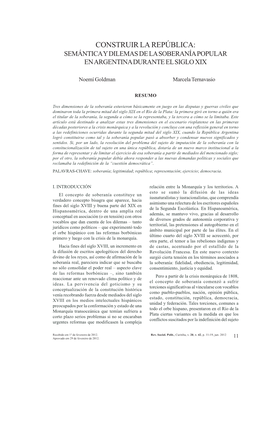 Construir La República: Semántica Y Dilemas De La Soberanía Popular En Argentina Durante El Siglo Xix