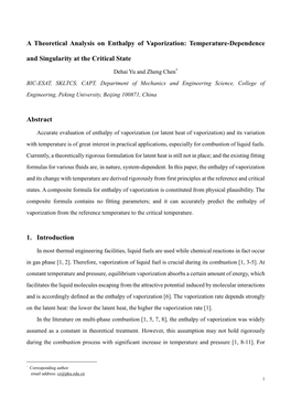 A Theoretical Analysis on Enthalpy of Vaporization: Temperature-Dependence and Singularity at the Critical State