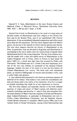 REVIEWS Samuel NC Lieu, Manichaeism in the Later