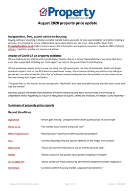 August 2020 Property Price Update