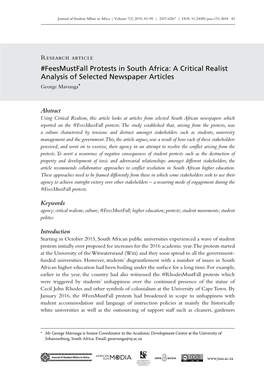 Feesmustfall Protests in South Africa: a Critical Realist Analysis of Selected Newspaper Articles George Mavunga*