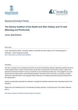 The Literary Tradition of the Neath and Afan Valleys and Tir Iarll (Maesteg and Porthcawl)