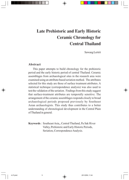 Late Prehistoric and Early Historic Ceramic Chronology for Central Thailand