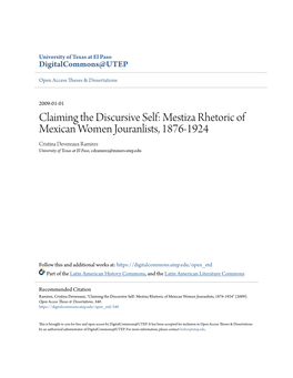 Mestiza Rhetoric of Mexican Women Jouranlists, 1876-1924 Cristina Devereaux Ramirez University of Texas at El Paso, Cdramirez@Miners.Utep.Edu