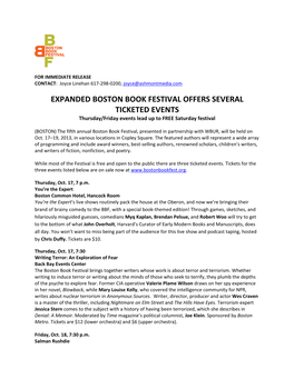 EXPANDED BOSTON BOOK FESTIVAL OFFERS SEVERAL TICKETED EVENTS Thursday/Friday Events Lead up to FREE Saturday Festival