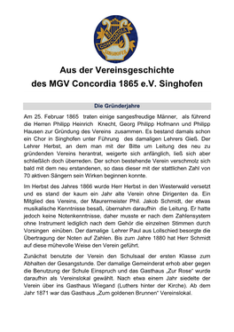 Aus Der Vereinsgeschichte Des MGV Concordia 1865 E.V. Singhofen