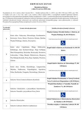 OBWIESZCZENIE Burmistrza Kietrza Z Dnia 16 Czerwca 2020 Roku