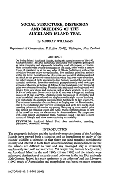 Social Structure, Dispersion and Breeding of the Auckland Island Teal